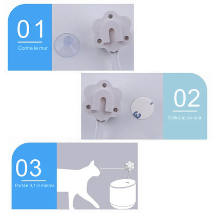 Infographie d'installation du Détecteur de Mouvement Intelligent USB pour Fontaine à Eau Chat Les Trésors d'Owka. Étape 1 : fixation ventouse contre le mur. Étape 2 : adhésif mural. Étape 3 : portée de détection de 0,1 à 3 mètres pour Fontaine à Eau Chat. Accessoire Fontaine à Eau universel.