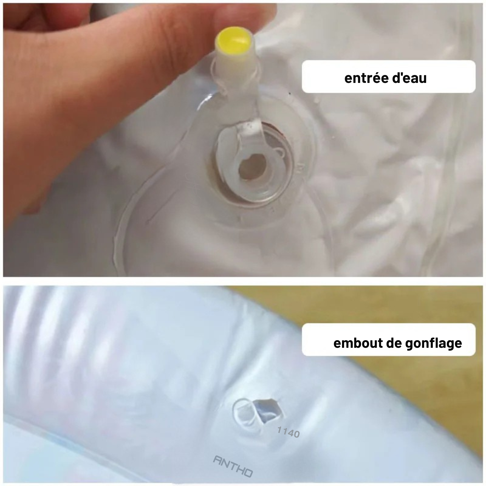 Gros plan sur les valves d'entrée d'eau et embout de gonflage d'un tapis rafraichissant chat sensoriel. L'image détaille le système étanche de ce coussin rafraichissant pour chat interactif. Accessoire d'été facile à installer, robuste et sécurisé, idéal comme tapis rafraichissant chien de petite taille. Expertise Les Trésors d'Owka.