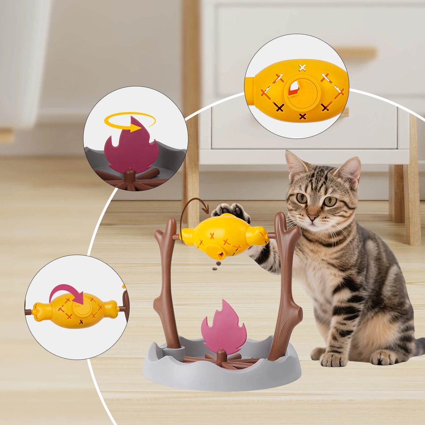 Démonstration fonctionnelle du jeux anti glouton chat poisson pivotant Kemorela. Un chat tigré utilise ce distributeur de croquettes ludique pour s'alimenter lentement. L'image comprend des zooms diagrammatiques montrant le mécanisme : le poisson jaune pivotant qui distribue la nourriture, et le feu de camp décoratif à la base. Ce jeux anti glouton chat agit comme une gamelle anti glouton mobile pour stimuler l'instinct de chasse. La structure représente un poisson rôti sur un feu de camp. Un jeux anti glou