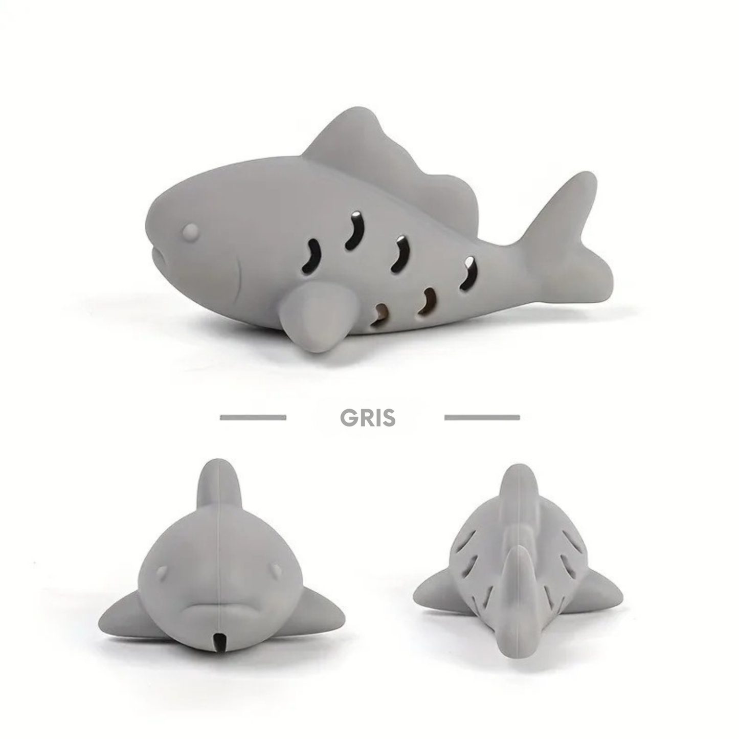 Jouet chat interactif en silicone gris en forme de poisson avec fentes pour friandises, vue sous trois angles différents. Ce jeux interactif chat durable stimule l'instinct de chasse et offre une occupation mentale saine pour votre félin. Un accessoire indispensable parmi les jeux animaux pour lutter contre l'ennui et le stress