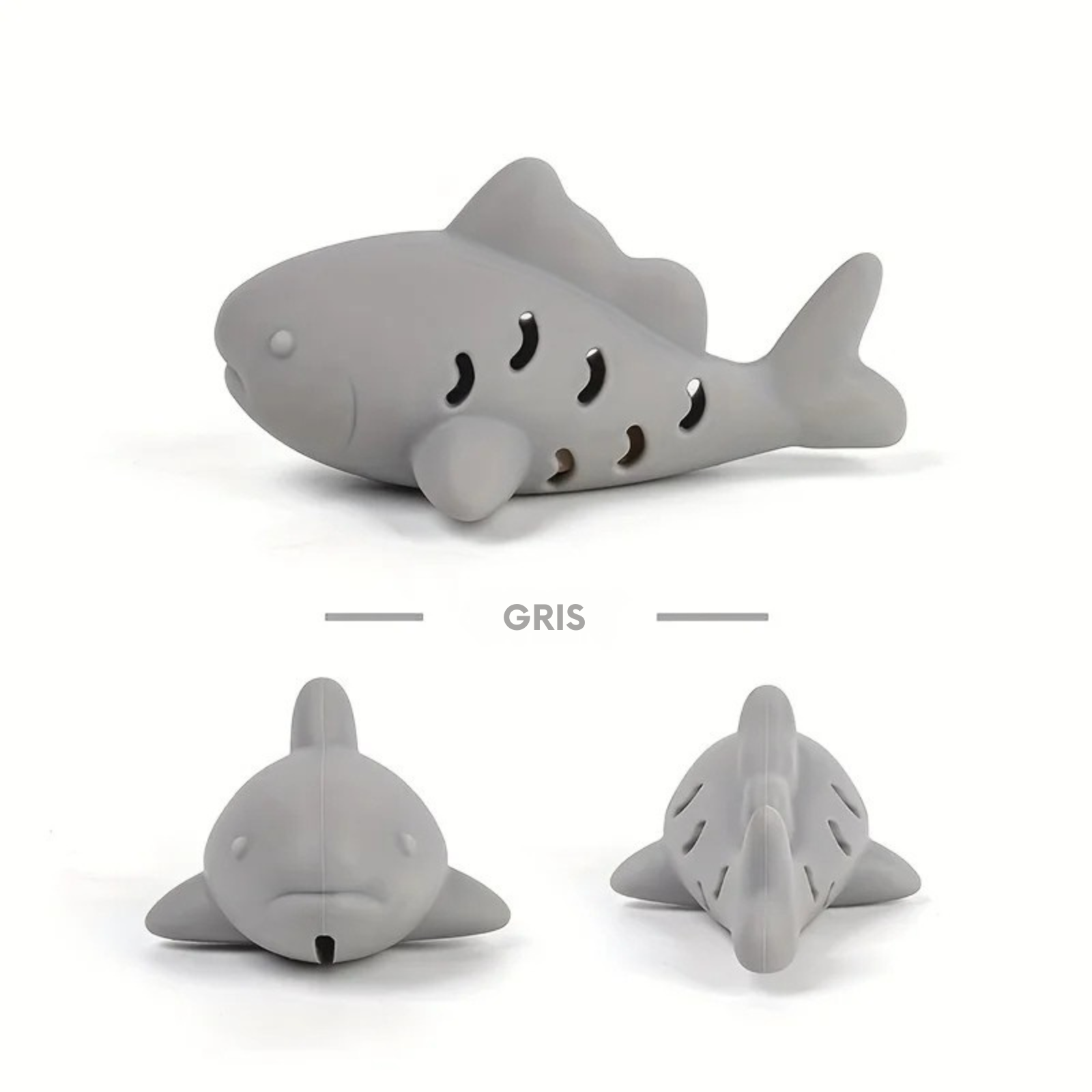 Jouet chat interactif en silicone gris en forme de poisson avec fentes pour friandises, vue sous trois angles différents. Ce jeux interactif chat durable stimule l'instinct de chasse et offre une occupation mentale saine pour votre félin. Un accessoire indispensable parmi les jeux animaux pour lutter contre l'ennui et le stress.