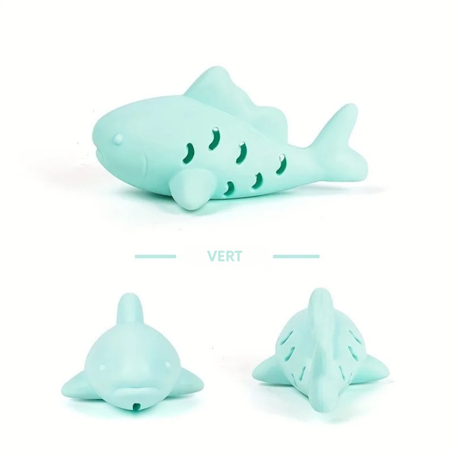 Jouet chat interactif en silicone vert menthe en forme de poisson avec fentes pour friandises, vue sous trois angles différents. Ce jeux interactif chat durable stimule l'instinct de chasse et offre une occupation mentale saine pour votre félin. Un accessoire indispensable parmi les jeux animaux pour lutter contre l'ennui et le stress.