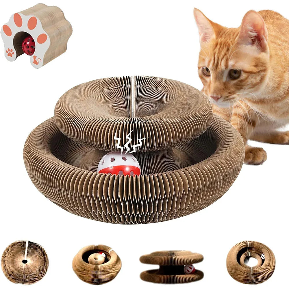 Jouet interactif transformable pour chat en carton ondulé alvéolé, montrant un circuit à billes en forme de donut et diverses configurations possibles pour le jeu et le griffage.