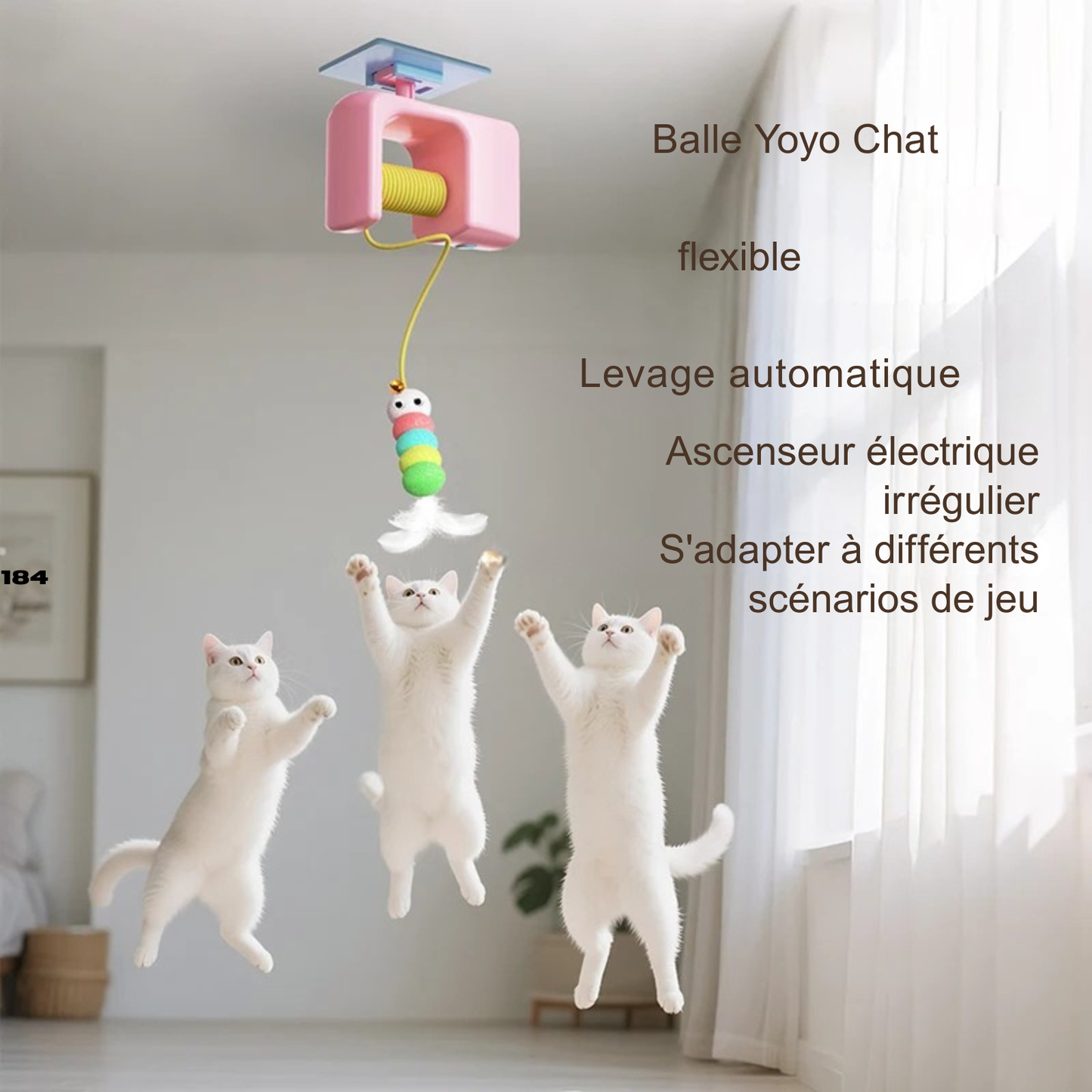 Infographie du jouet pour chat automatique Cat Yoyo Ball avec système de levage électrique irrégulier. Trois chats blancs bondissent pour attraper un leurre chenille multicolore avec plumes et clochette. Ce jouet chat interactif et autonome est idéal parmi les jouet animaux pour stimuler l'exercice physique et l'agilité en appartement.