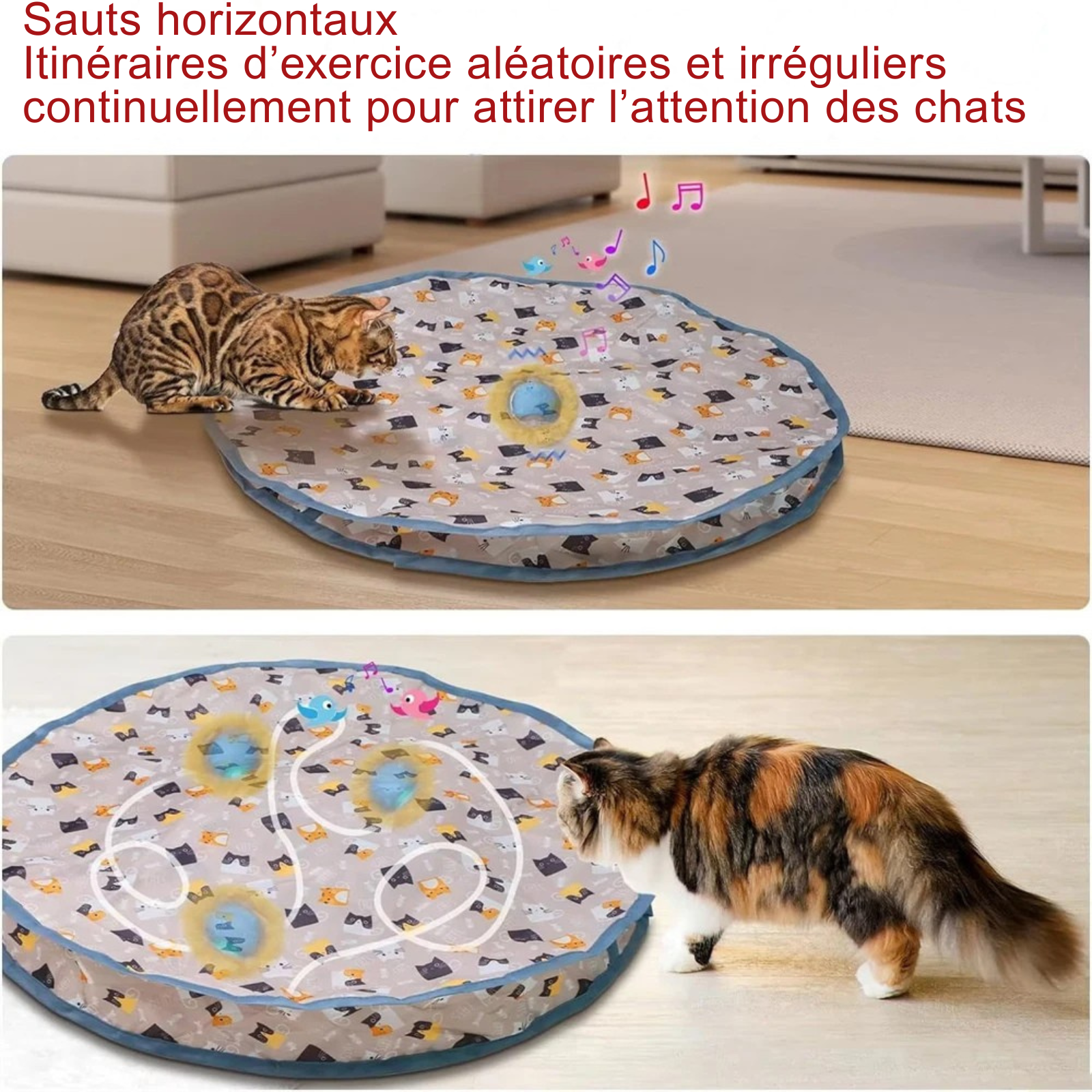 Tapis de jeu interactif pour jouet chat avec balle automatique émettant des gazouillis d'oiseaux. Ce jouet pour chat intelligent combine vibrations, mouvements aléatoires et sons réalistes pour stimuler l'instinct de chasse. Un accessoire indispensable parmi les jouet animaux pour occuper votre félin et lutter contre l'ennui en appartement.