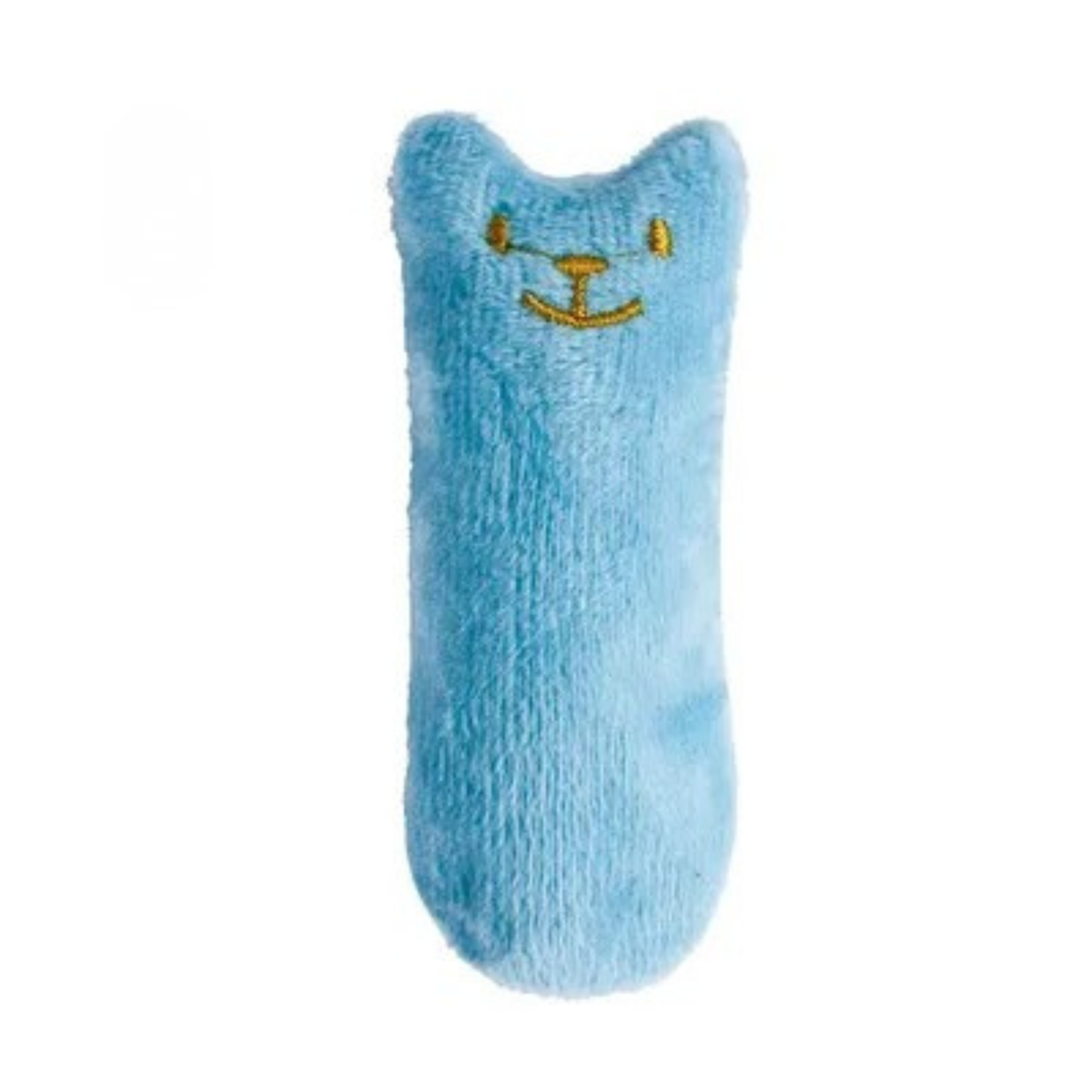 Jouet pour chat en peluche bleu ciel avec visage souriant brodé en fil doré. Ce jouet chat interactif en forme de petit coussin est idéal comme accessoire d'éveil à l'herbe à chat (catnip). Un incontournable parmi les jouet animaux pour stimuler l'activité physique, favoriser le jeu autonome et réduire l'anxiété de votre animal au quotidien.