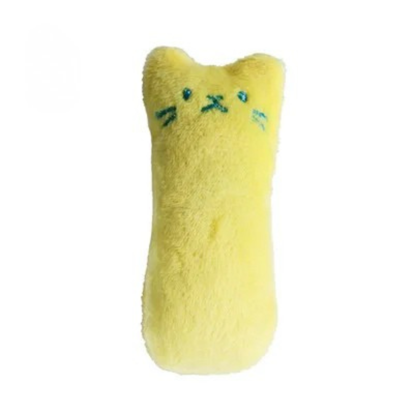Jouet pour chat en peluche jaune citron avec visage de chat brodé et moustaches bleues. Ce jouet chat interactif en forme de petit coussin est idéal comme accessoire d'éveil à l'herbe à chat (catnip). Un incontournable parmi les jouet animaux pour stimuler l'activité physique, favoriser le jeu autonome et réduire l'anxiété de votre félin au quotidien.