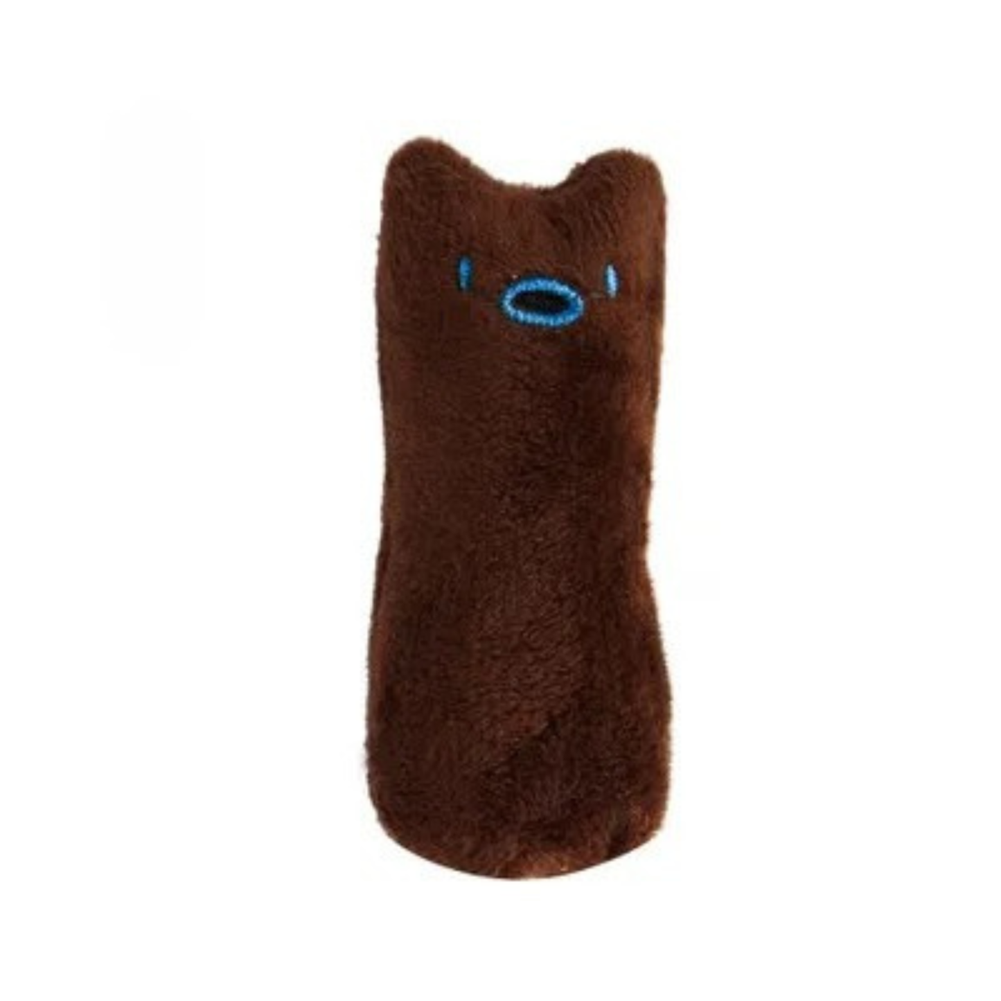 Jouet pour chat en peluche marron café avec visage brodé bleu au look amusant. Ce jouet chat interactif en forme de petit coussin est idéal comme accessoire d'éveil à l'herbe à chat. Un indispensable parmi les jouet animaux pour stimuler l'activité physique et réduire le stress de votre félin en appartement.