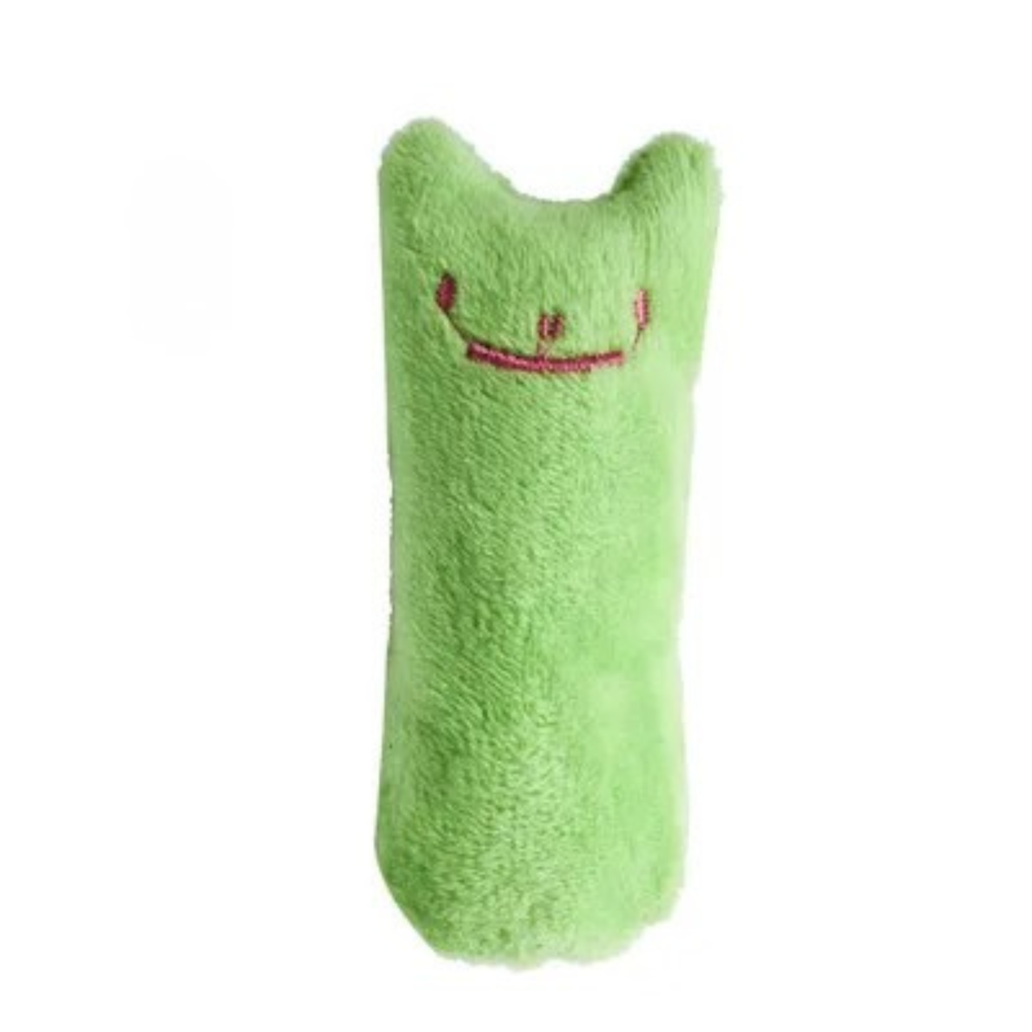 Jouet pour chat en peluche vert pomme avec visage souriant brodé. Ce jouet chat interactif en forme de petit coussin est idéal comme accessoire d'éveil à l'herbe à chat (catnip). Un incontournable parmi les jouet animaux pour stimuler l'activité physique, favoriser le jeu autonome et réduire l'anxiété de votre félin au quotidien.