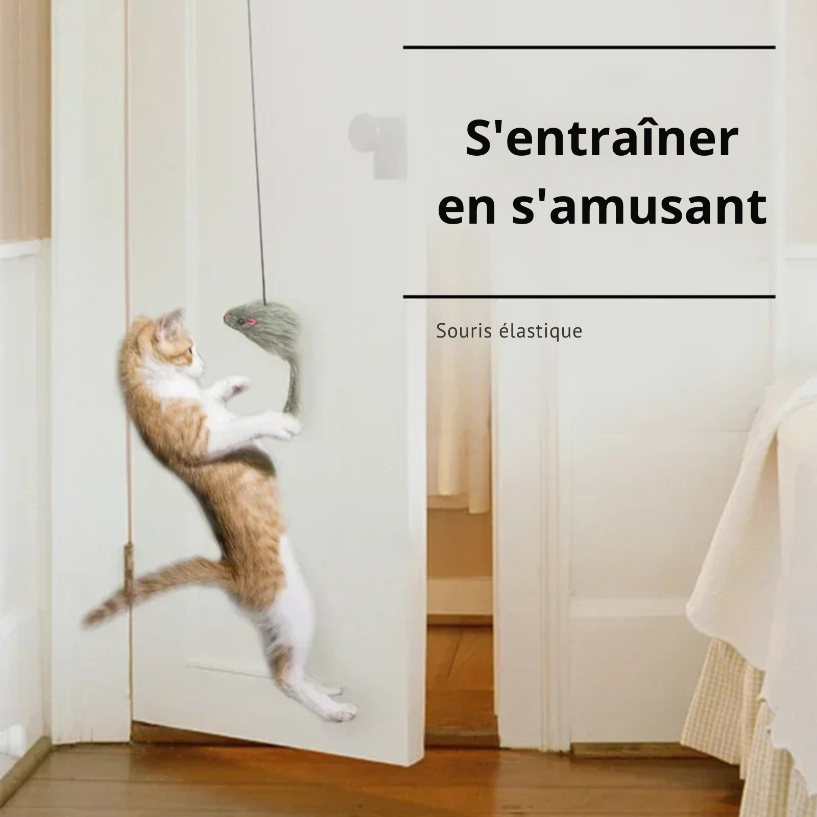 Chat roux et blanc sautant pour attraper une souris grise suspendue à un cadre de porte. Ce jouet pour chat avec cordon élastique offre un entraînement ludique et interactif. Une solution parfaite parmi les jouet animaux pour stimuler l'agilité et l'instinct de prédation. Un jouet chat indispensable pour l'exercice physique en appartement.