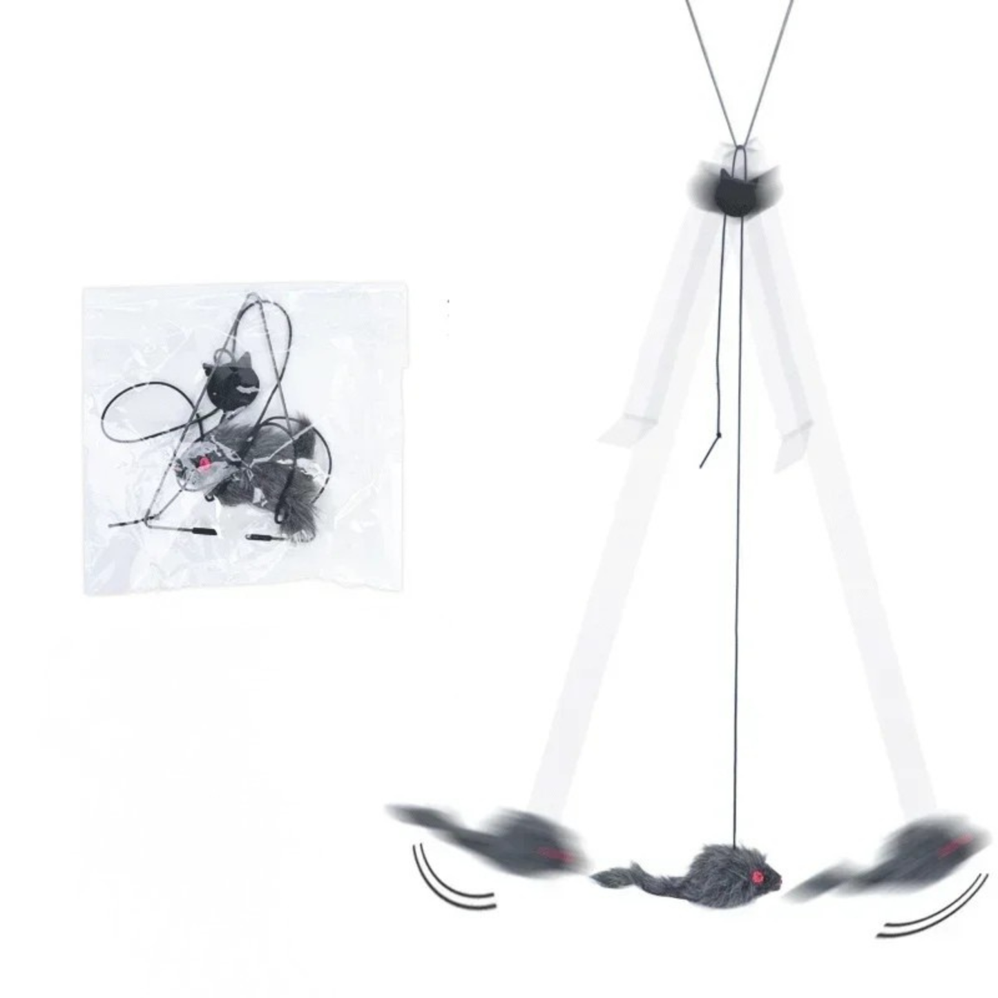 Vue du packaging et démonstration de mouvement du jouet pour chat suspendu avec souris grise et fil élastique. Le kit complet comprend un crochet triangulaire et une boucle de réglage ajustable. Ce jouet chat interactif offre un balancement dynamique idéal parmi les jouet animaux pour stimuler l'instinct de prédation et l'exercice en autonomie.