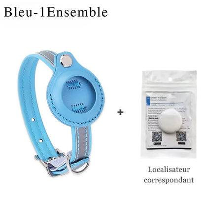 Kit collier gps pour chat bleu comprenant un collier réfléchissant et un traceur intelligent (Smart Finder) assorti. Ce pack complet collier gps chat offre une solution de localisation précise. Un collier gps à chat bureau sécurisé avec support intégré pour la tranquillité d'esprit des propriétaires de félins.