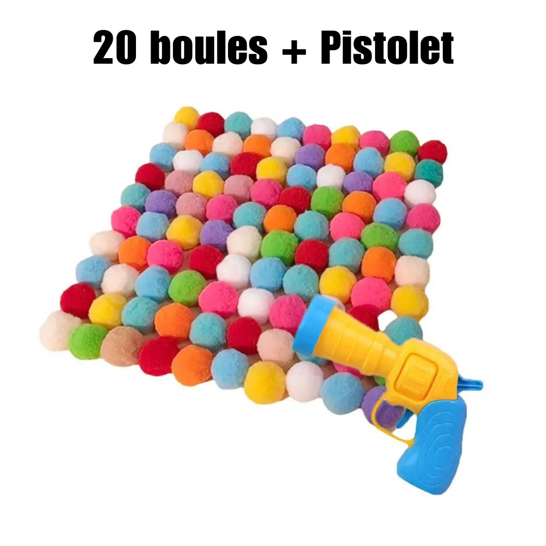 Présentation du pack complet de jeu pour chat incluant un pistolet lanceur jaune et bleu accompagné de 20 balles en peluche multicolores disposées en carré.
