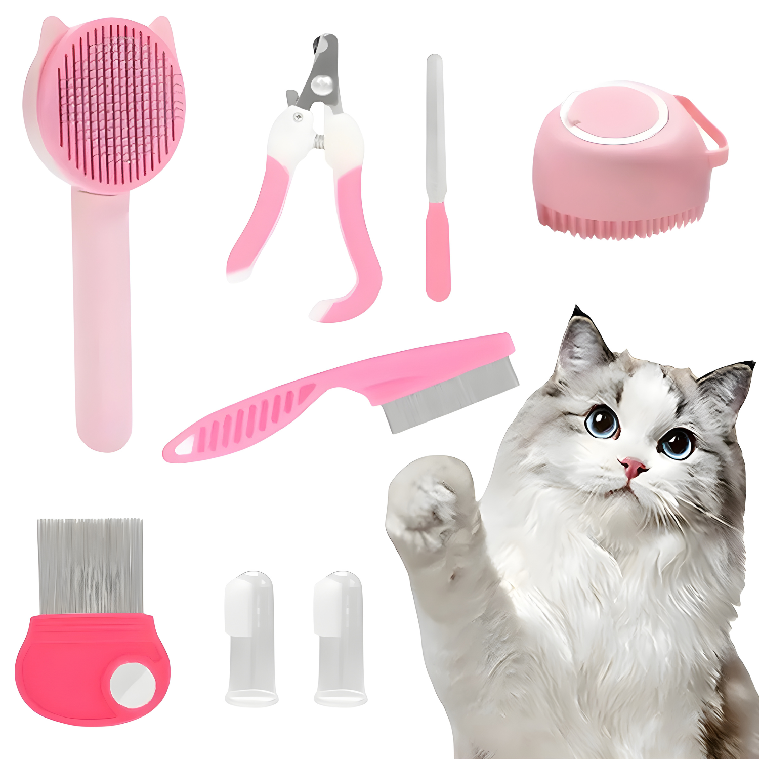 Kit de toilettage complet pour chat 8-en-1 rose pastel comprenant : brosse autonettoyante, coupe-griffes de précision, lime à ongles, brosse de bain massante, peigne fin, brosse à dents et doigtiers, avec illustration d'un chat Ragdoll.