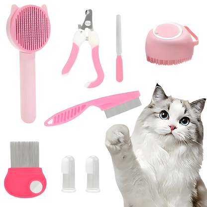 Kit de toilettage complet pour chat 8-en-1 rose pastel comprenant : brosse autonettoyante, coupe-griffes de précision, lime à ongles, brosse de bain massante, peigne fin, brosse à dents et doigtiers, avec illustration d'un chat Ragdoll.