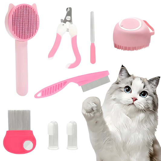 Kit de toilettage complet pour chat 8-en-1 rose pastel comprenant : brosse autonettoyante, coupe-griffes de précision, lime à ongles, brosse de bain massante, peigne fin, brosse à dents et doigtiers, avec illustration d'un chat Ragdoll.
