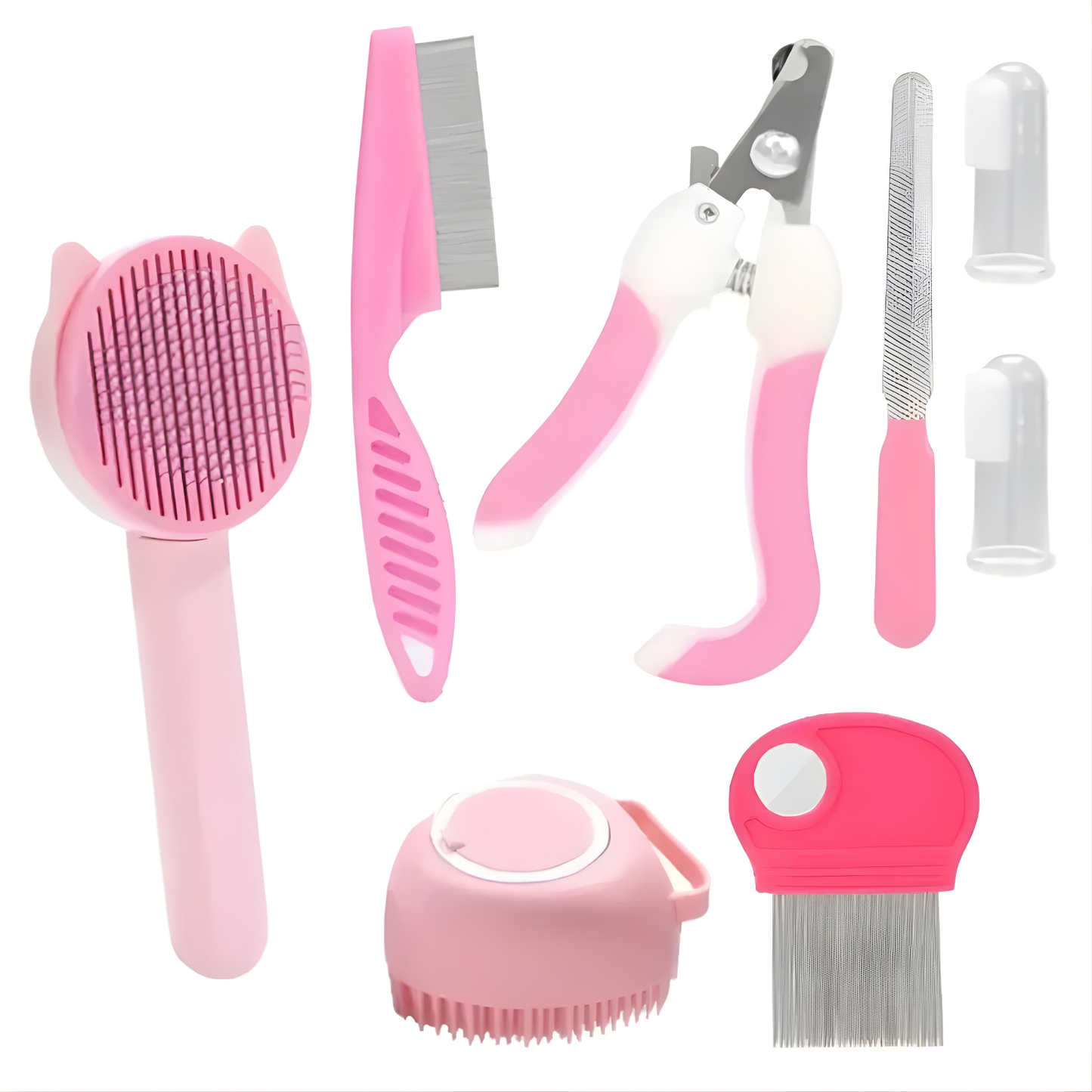 Kit de toilettage complet rose pastel pour animaux comprenant : brosse autonettoyante, coupe-griffes professionnel, lime à ongles, peigne fin de démêlage, brosse de bain massante en silicone et doigtiers de nettoyage dentaire.