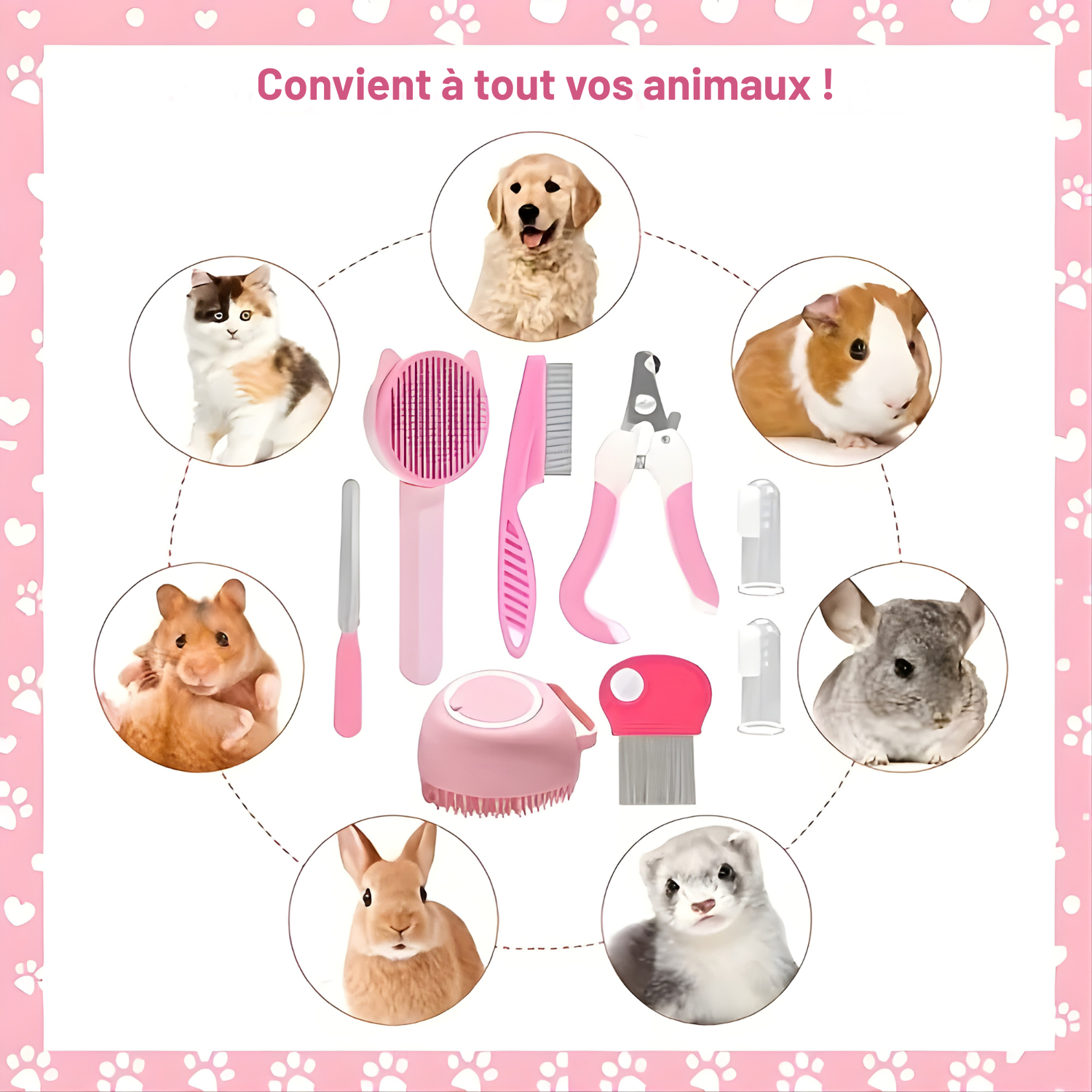 Kit de toilettage complet rose 8-en-1 convenant à tous vos animaux : chien, chat, lapin, cochon d'Inde, hamster, chinchilla et furet, comprenant brosses et accessoires de soins ergonomiques.