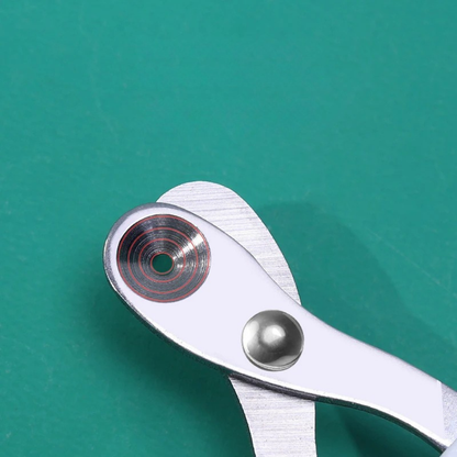 Gros plan sur la lame circulaire en acier inoxydable d'un coupe-griffes pour chat avec indicateur de zone de coupe rouge, garantissant une section nette et précise sans écrasement.