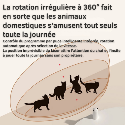 Infographie d'un laser automatique pour chat illustrant une rotation irrégulière à 360 degrés avec des silhouettes de chats poursuivant des points rouges imprévisibles pour un divertissement autonome toute la journée.