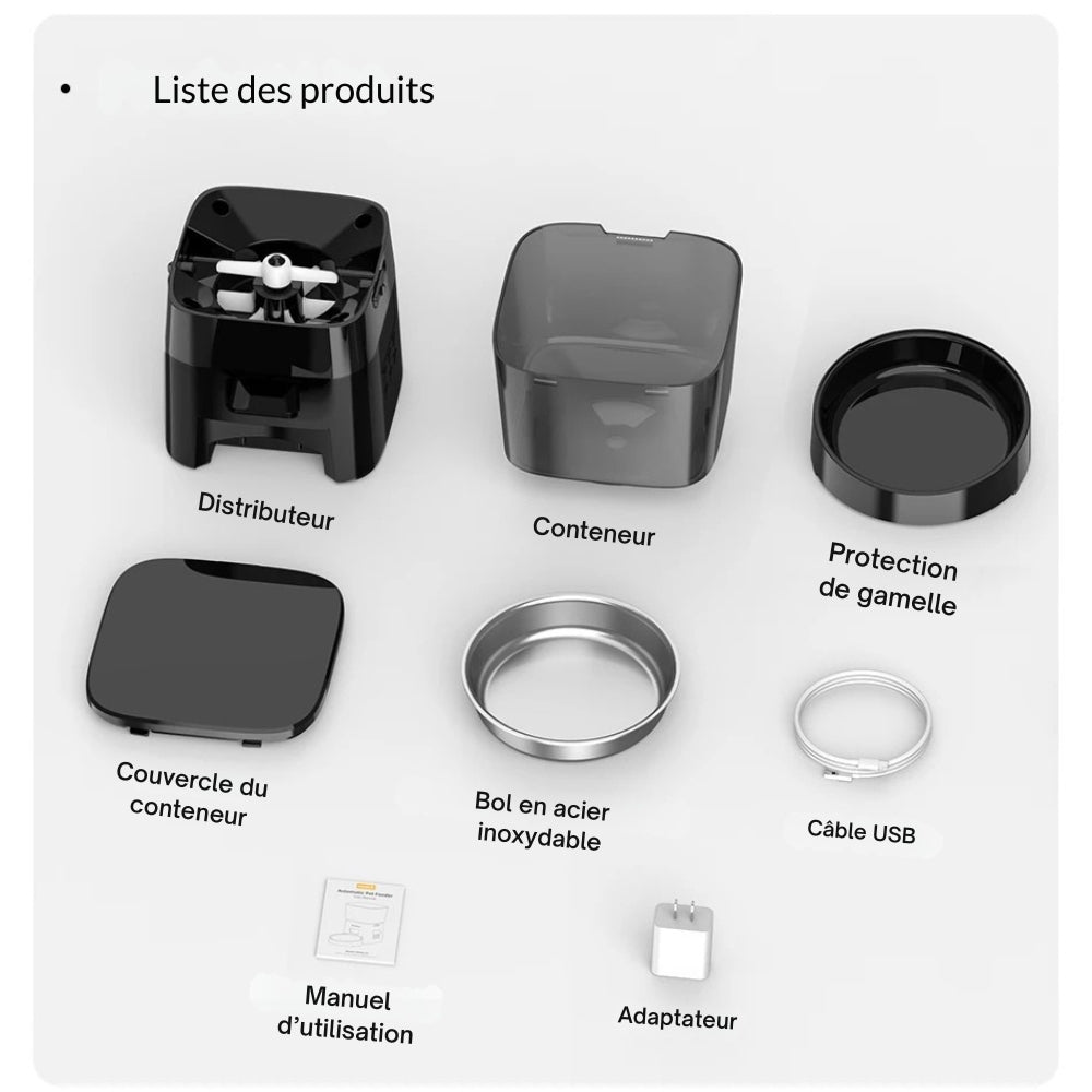 Vue d'ensemble des composants du distributeur ROJECO : base moteur, conteneur translucide, bol en acier inoxydable, couvercle, câble USB, adaptateur secteur et manuel d'utilisation.