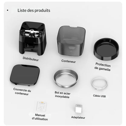 Vue d'ensemble des composants du distributeur ROJECO : base moteur, conteneur translucide, bol en acier inoxydable, couvercle, câble USB, adaptateur secteur et manuel d'utilisation.