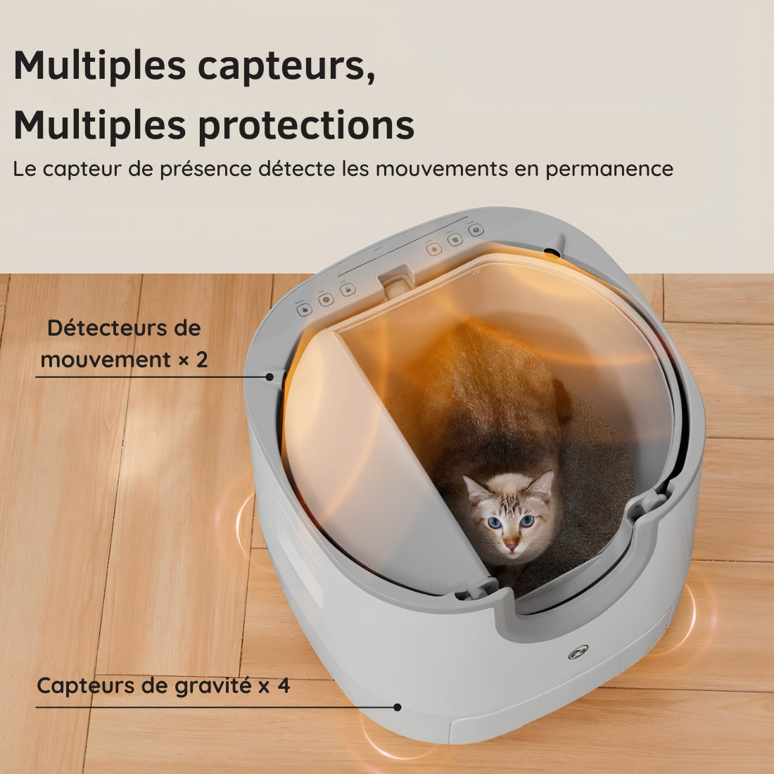 Vue de dessus de la litière automatique chat avec un chat à l'intérieur : 2 détecteurs de mouvement et 4 capteurs de gravité arrêtent le cycle. Les Trésors d'Owka