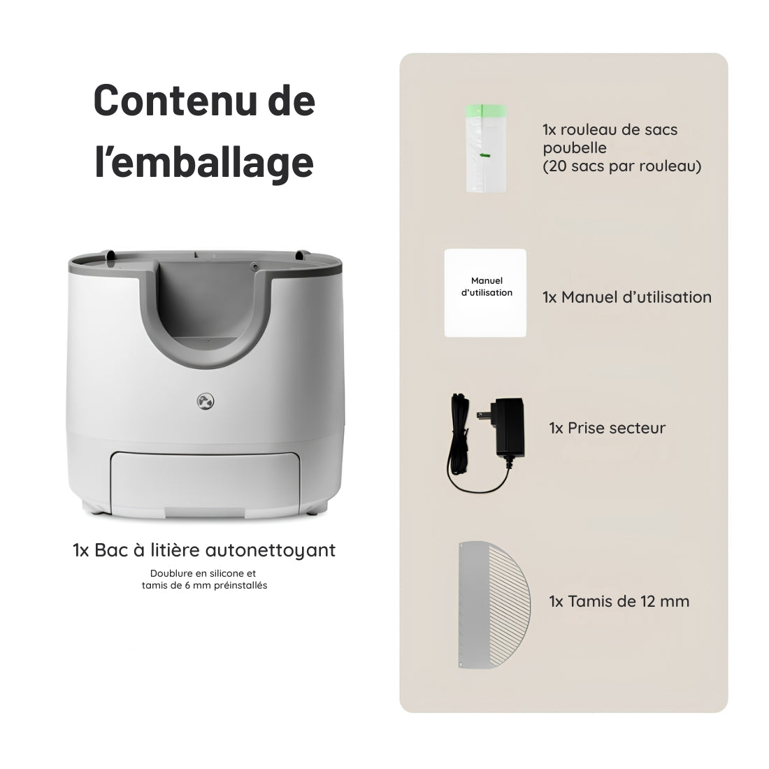 Contenu du colis de la litière automatique chat : bac autonettoyant, prise secteur, rouleau de 20 sacs, tamis de 12 mm et manuel d'utilisation. Les Trésors d'Owka