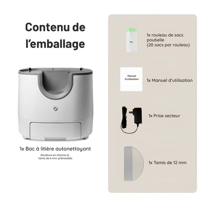 Contenu du colis de la litière automatique chat : bac autonettoyant, prise secteur, rouleau de 20 sacs, tamis de 12 mm et manuel d'utilisation. Les Trésors d'Owka