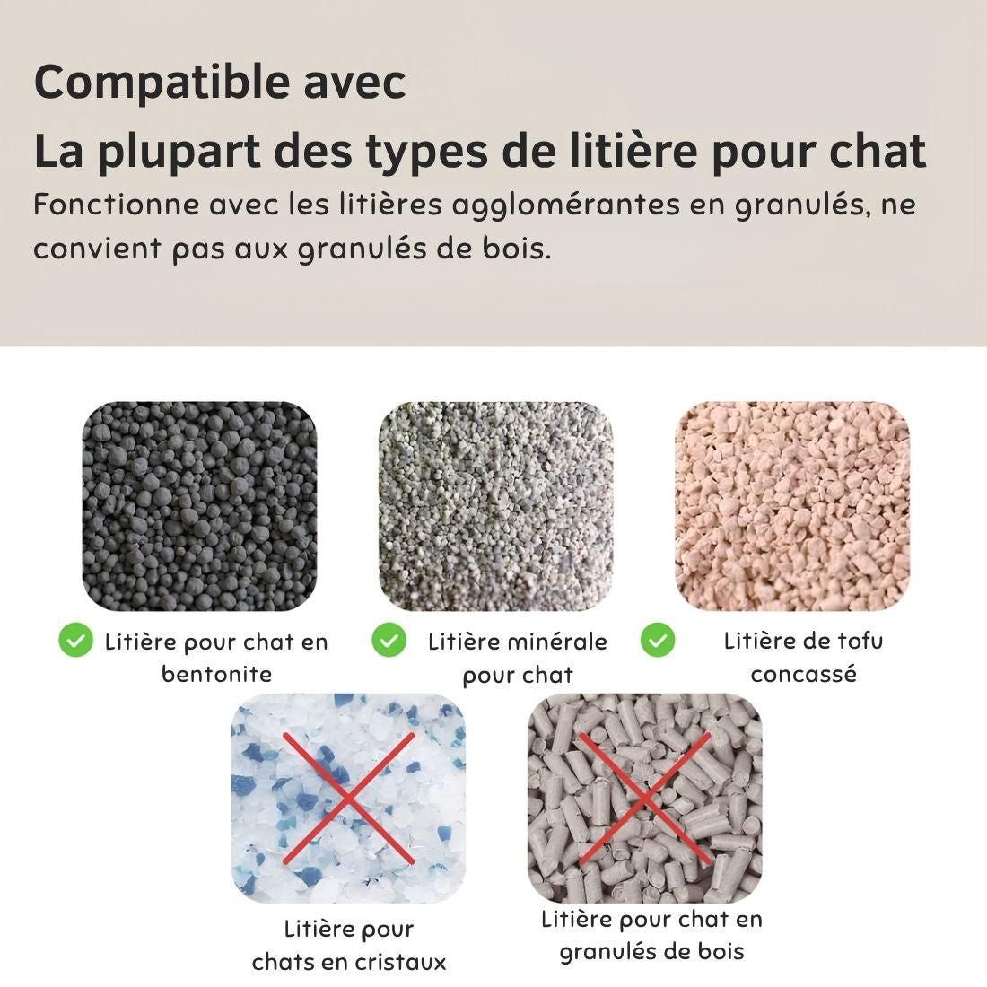 Litières compatibles avec la litière automatique chat : bentonite, minérale et tofu concassé. Cristaux de silice et granulés de bois non compatibles. Les Trésors d'Owka
