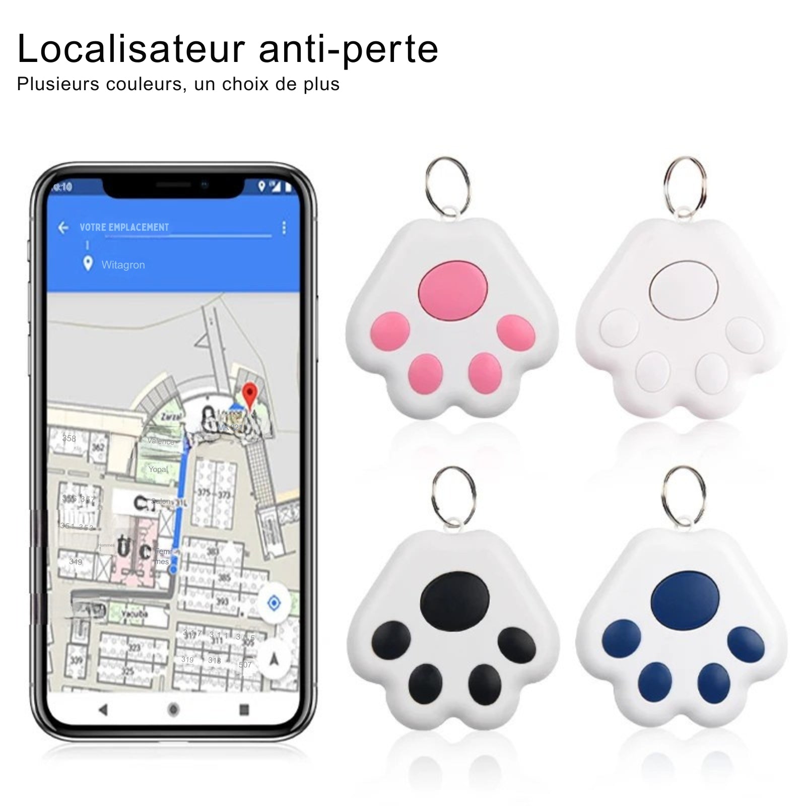 Localisateur anti-perte pour collier gps chat disponible en plusieurs coloris : rose, blanc, noir et bleu royal. L'image présente les traceurs en forme de patte ainsi qu'un smartphone affichant une carte de localisation détaillée. Une solution de suivi élégante et performante, idéale comme collier gps pour chaton grâce à sa légèreté et sa facilité d'utilisation via ce collier gps intelligent.