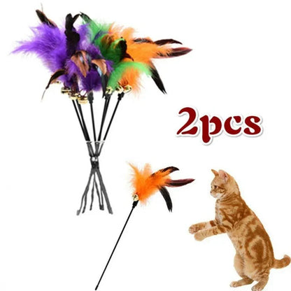 Lot de 2 recharges de plumes multicolores pour chat avec clochettes dorées, présenté avec un bouquet de plumes de rechange et un chat roux en posture de jeu.