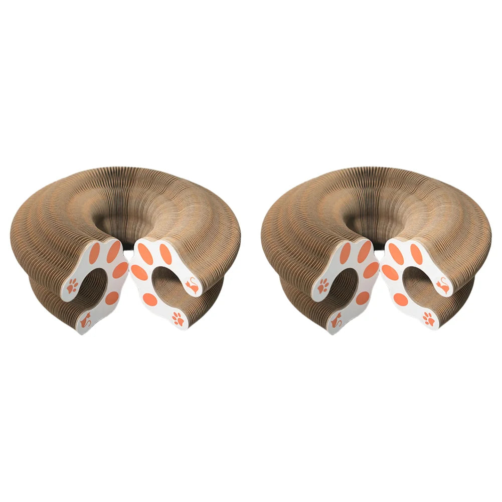 Lot de deux jouets interactifs extensibles pour chat en carton ondulé alvéolé, avec extrémités aimantées en forme de patte de chat pour un assemblage modulaire.