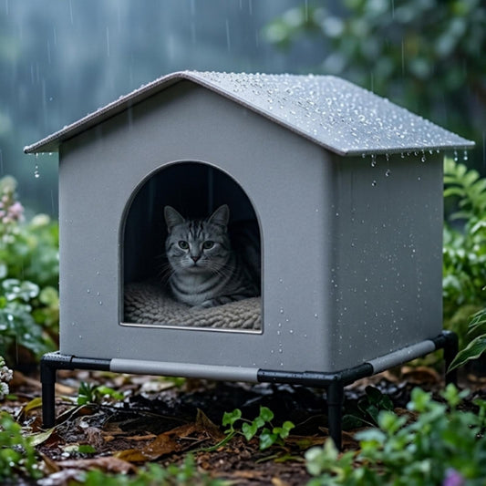 Maison a chat en forme de niche grise avec intérieur ocre matelassé, montrant un chat sortant de l'abri. Ce modèle d'abris chat élégant est détouré sur fond blanc. Maison chat exterieur et intérieur pliable et isolée, idéale pour un repos sécurisé. Qualité premium Les Trésors d'Owka.