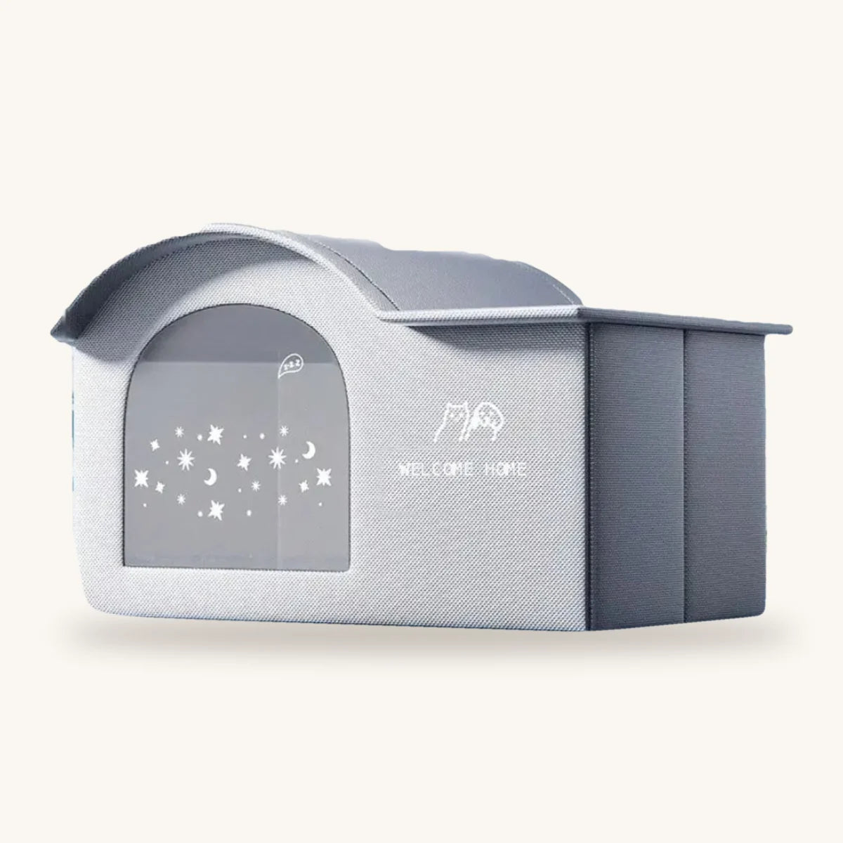 Maison rafraîchissante pour chat grise, toit en vague, entrée voûtée et façade « Welcome home » – Les Trésors d'Owka