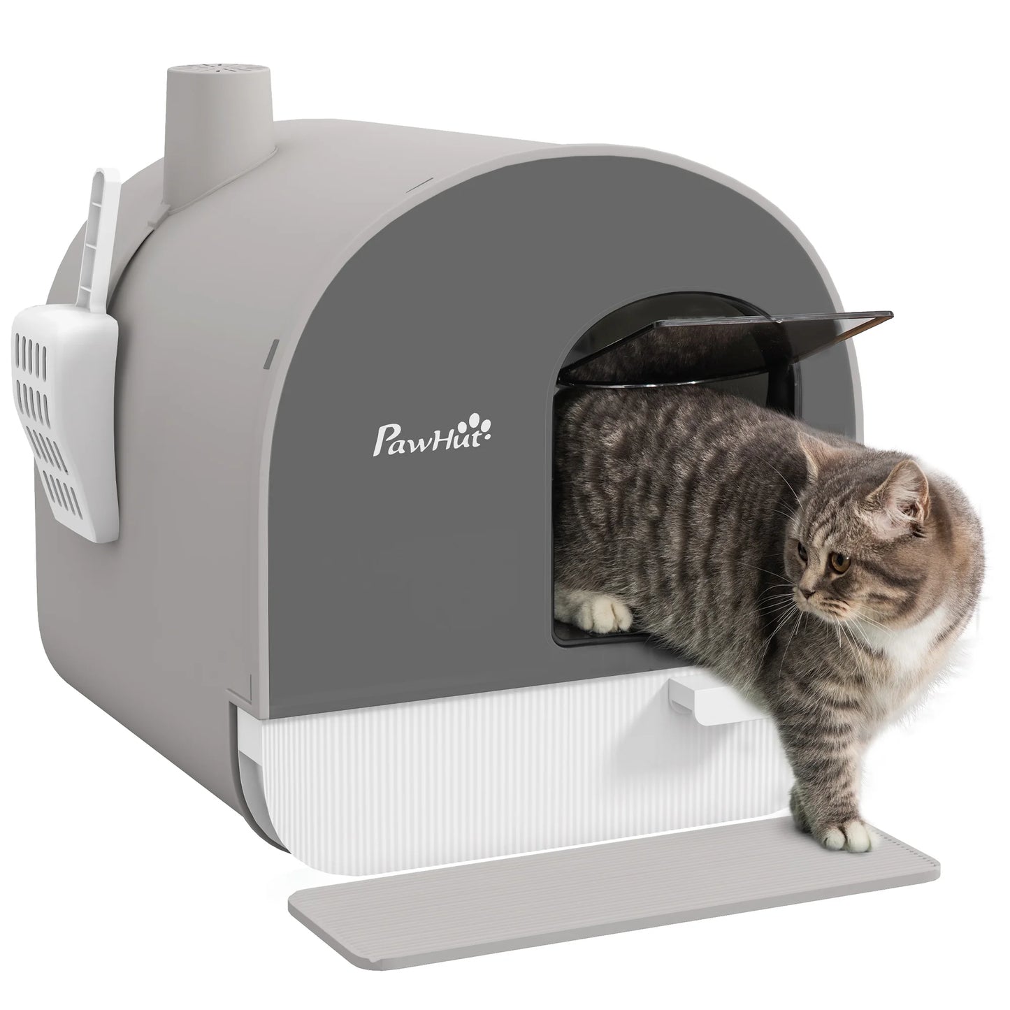 Un chat gris sortant d'un bac à litière chat PawHut gris foncé et noir. Ce bac a litiere design comprend un tiroir amovible, une pelle latérale et un tapis de propreté gris, idéal comme bac à litière pour chaton.