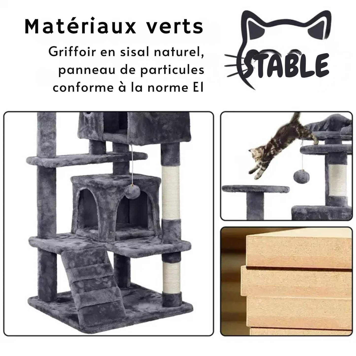 Détails des matériaux écologiques d'un arbre à chat gris anthracite. L'image montre la structure stable en bois certifié norme E1 et les poteaux griffoirs en sisal naturel. Arbre chaton robuste illustré par un chat en plein saut. Mobilier sain et durable pour arbre a chat Les Trésors d'Owka.
