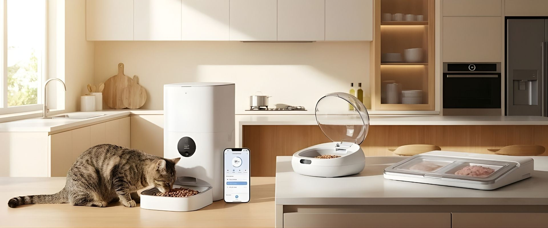 Un chat tigré savourant sa portion dans une cuisine moderne grâce au meilleur distributeur automatique de croquettes pour chat. À côté du grand distributeur croquette chat connecté en WiFi et contrôlé par un smartphone, on aperçoit un modèle plat à compartiments pour la pâtée et un bol intelligent.