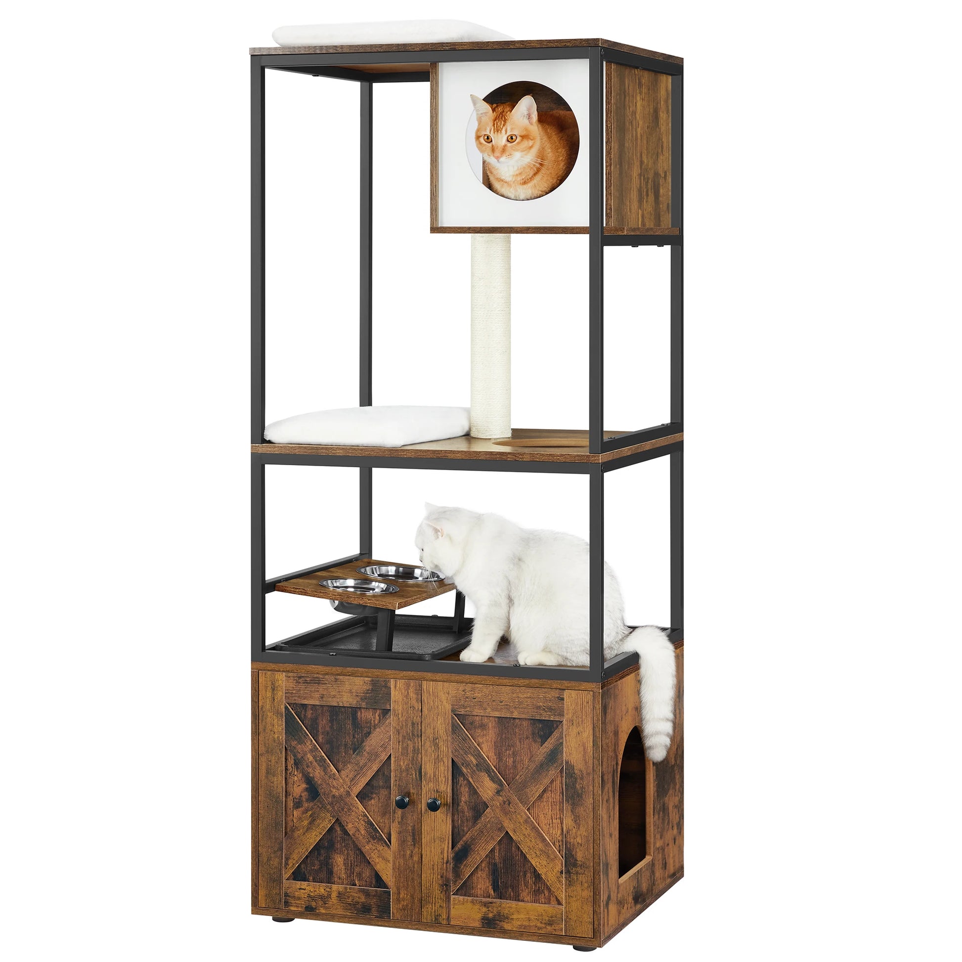Arbre à chat design industriel en bois rustique et métal noir avec station de repas et cache-litière intégré. L'image montre un meuble arbre a chat complet avec deux écuelles, une niche haute et un grand espace pour bac à litière en bas. Arbre chaton et chat adulte robuste et élégant. Qualité Les Trésors d'Owka.