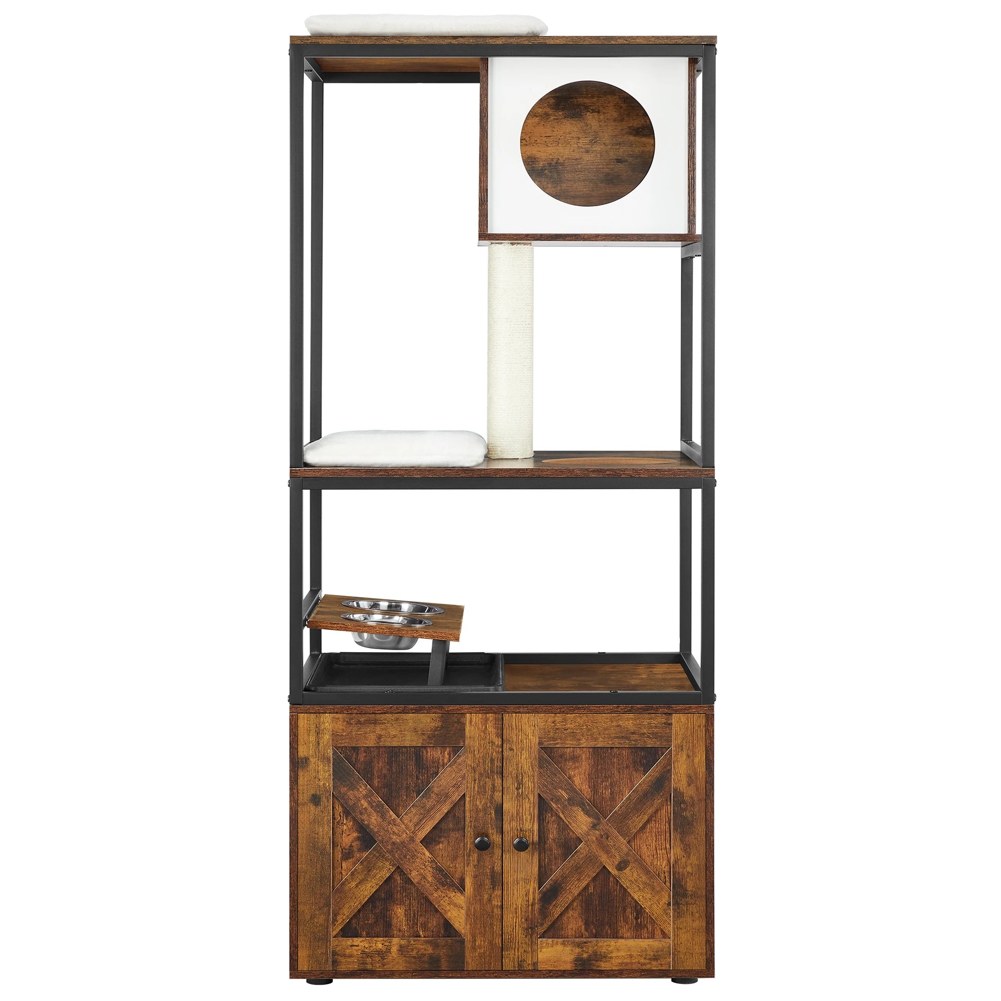 Vue de face d'un arbre à chat design industriel combinant métal noir et bois rustique. Ce meuble arbre a chat intègre un cache-litière en bas, une station de repas avec gamelles inox, un poteau griffoir en sisal et une niche haute. Arbre chaton et chat adulte robuste offrant confort et élégance. Marque Les Trésors d'Owka.