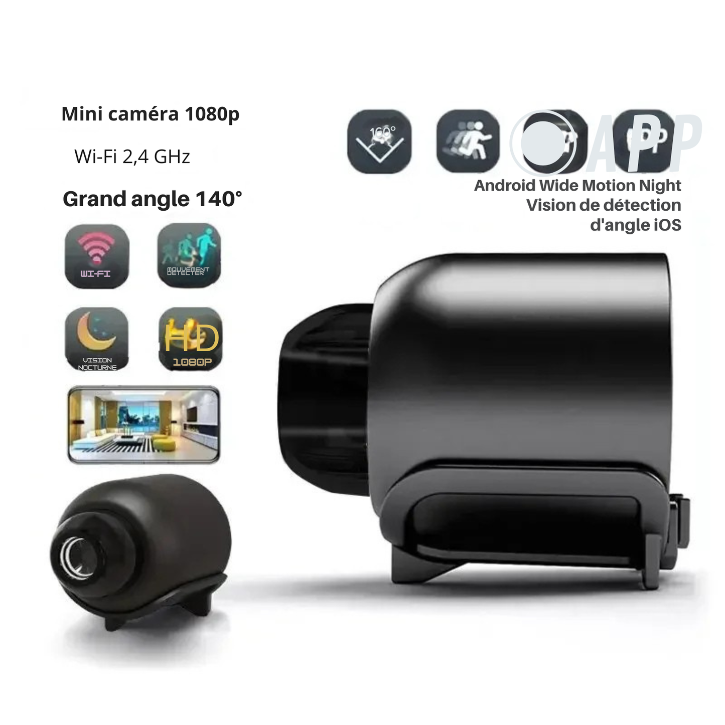 Mini caméra de surveillance animaux discrète avec résolution 1080P HD et grand angle. Cette caméra chat et caméra chien portable inclut la détection de mouvement et la vision nocturne. Parfaite pour surveiller vos animaux domestiques via smartphone Android ou iOS en toute discrétion. Design compact noir avec support intégré.