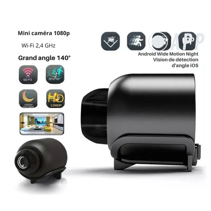 Mini caméra de surveillance animaux discrète avec résolution 1080P HD et grand angle. Cette caméra chat et caméra chien portable inclut la détection de mouvement et la vision nocturne. Parfaite pour surveiller vos animaux domestiques via smartphone Android ou iOS en toute discrétion. Design compact noir avec support intégré.