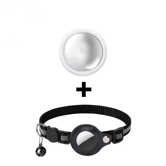 Mini traceur GPS chat « Find-Me » blanc et son collier noir à support rond et grelot, vendus ensemble — Les Trésors d'Owka