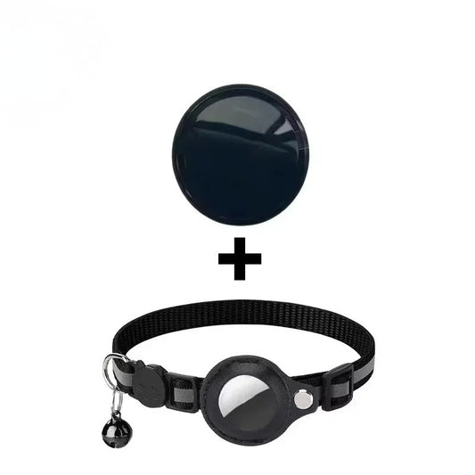 Mini traceur GPS chat « Find-Me » noir et son collier noir à support rond et grelot, vendus ensemble — Les Trésors d'Owka