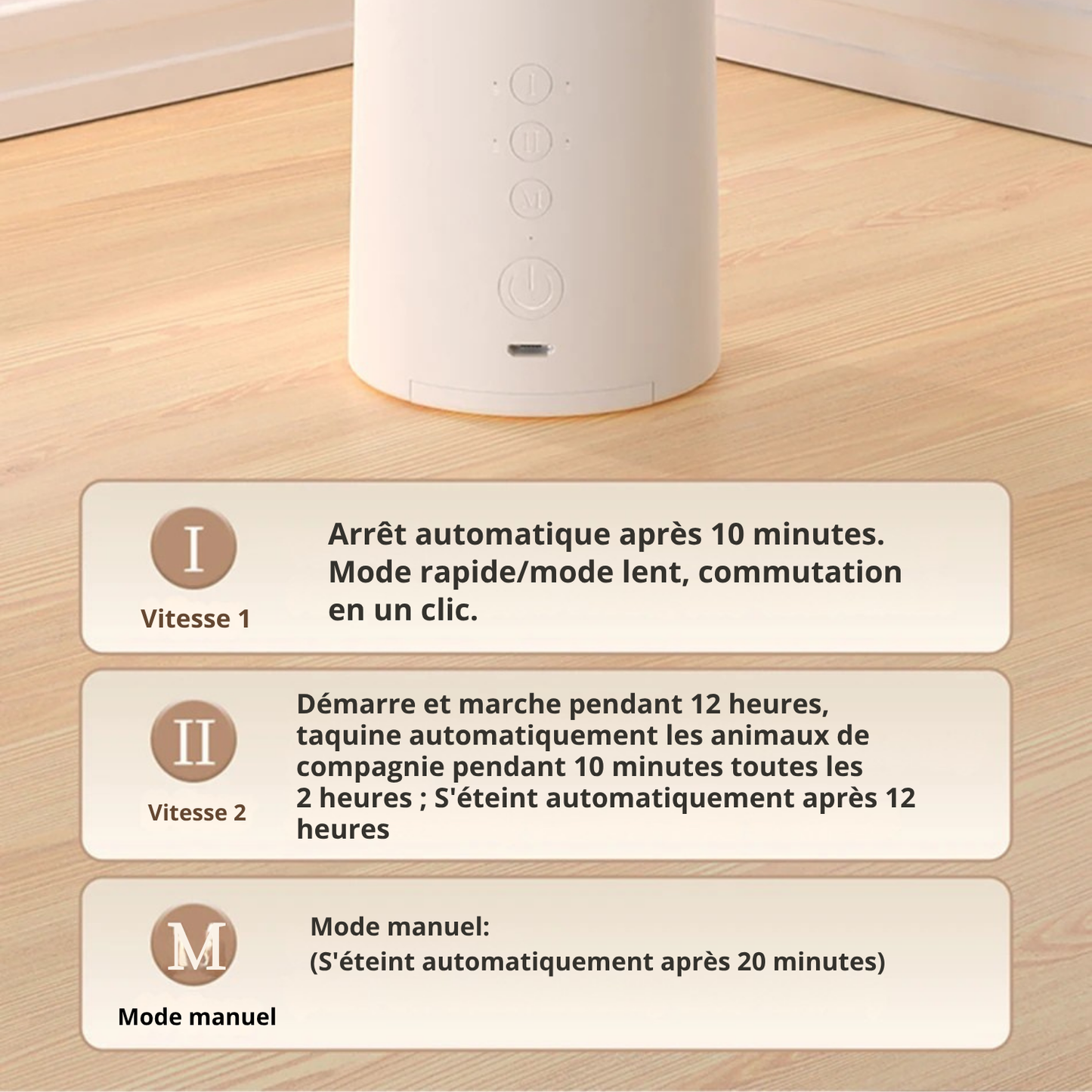 Infographie des modes de réglage d'un laser automatique pour chat, présentant les options de vitesse 1 et 2 avec arrêt automatique après 10 minutes, ainsi qu'un mode manuel de 20 minutes.
