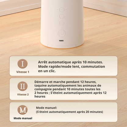 Infographie des modes de réglage d'un laser automatique pour chat, présentant les options de vitesse 1 et 2 avec arrêt automatique après 10 minutes, ainsi qu'un mode manuel de 20 minutes.
