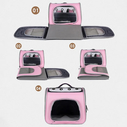 Étapes de montage du sac à dos pour chat rose pliable et compact. Infographie montrant le rangement à plat du sac dos pour chat Les Trésors d'Owka avec parois zippées. Sac dos chat ergonomique, facile à assembler et à stocker pour le voyage.
