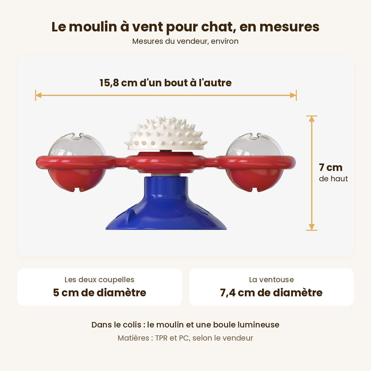 Mesures du moulin à vent pour chat : 15,8 cm de long, 7 cm de haut, ventouse de 7,4 cm — Les Trésors d'Owka