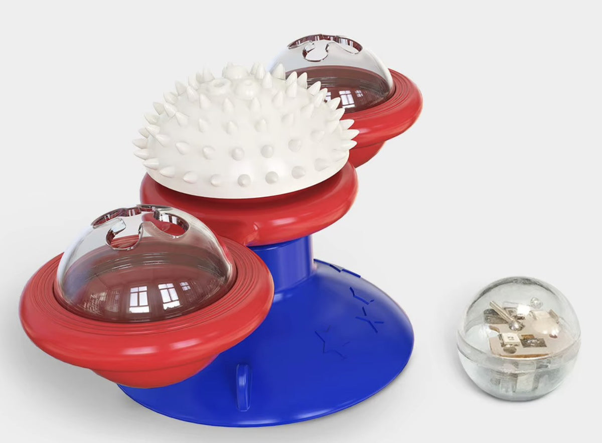 Moulin à vent pour chat rouge et bleu à dôme à picots, et la boule lumineuse fournie dans le colis — Les Trésors d'Owka