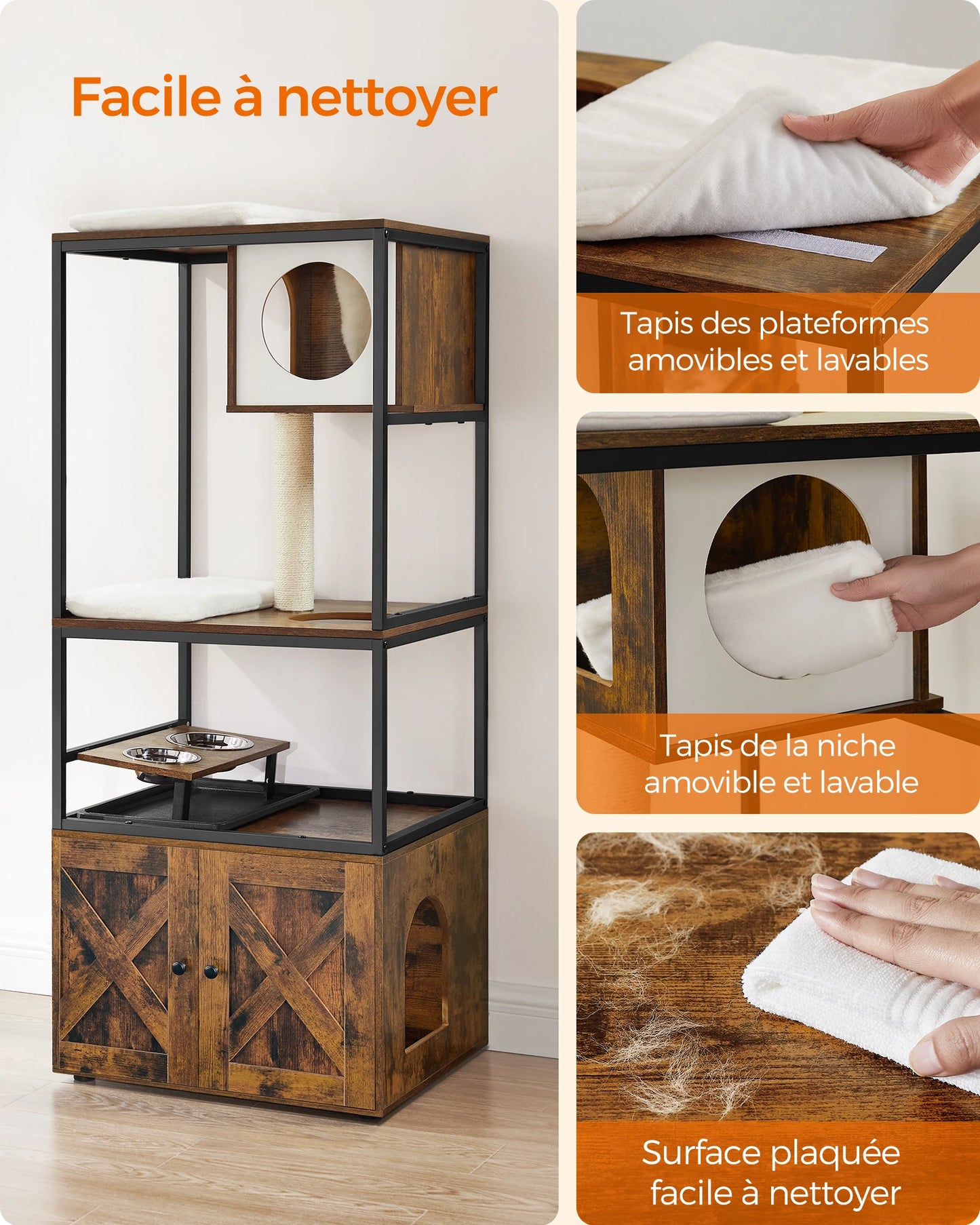 Infographie expliquant comment nettoyer un arbre à chat industriel. L'image montre les tapis blancs amovibles et lavables en machine ainsi que la surface en bois facile à essuyer. Meuble arbre a chat hygiénique et durable pour chat et arbre chaton. Qualité Les Trésors d'Owka.